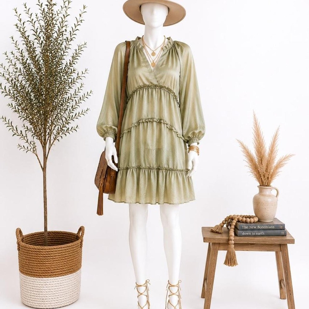 Entro Women's Small Sage Olive Green Tiered Ruffle Mini Dress Long Sleeve